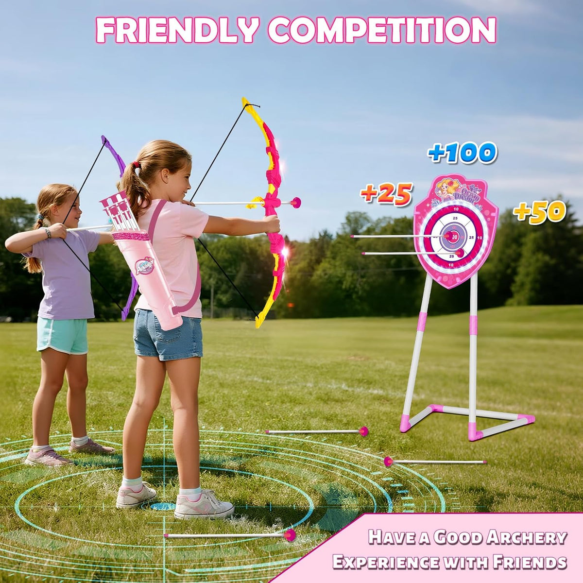 VATOS Bow and Arrow Toy Set - 4-in-1 Archery & Dart Game with LED Light, 20 Suction Cup Arrows & Mermaid Target | Indoor/Outdoor Gift for Kids Ages 5-12