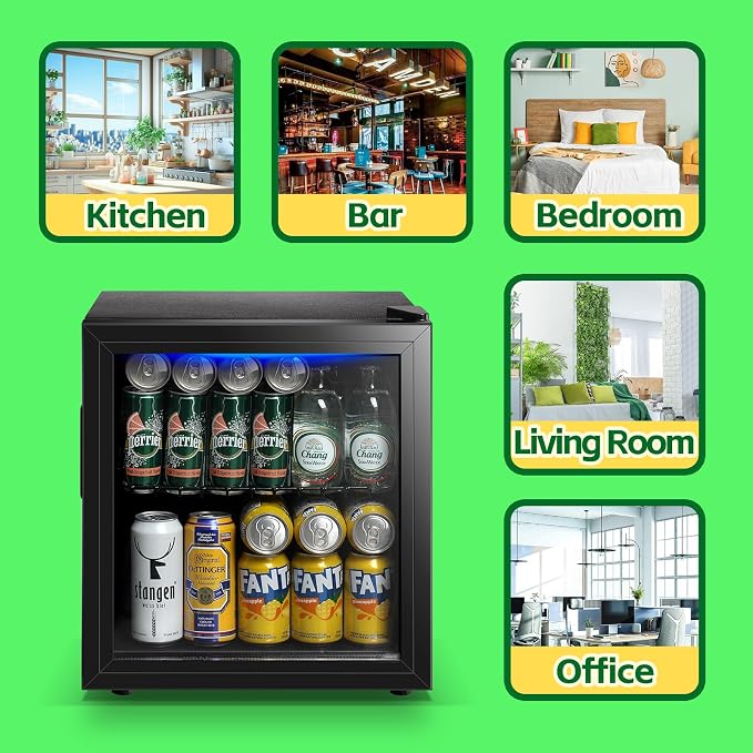 Beverage Refrigerator Cooler 1.6 Cu.Ft 60 Can Mini Small Fridge Black | Large Capacity with Glass Door, LED Light & Adjustable Shelves for Soda Beer Wine, Perfect for Home Bar Office