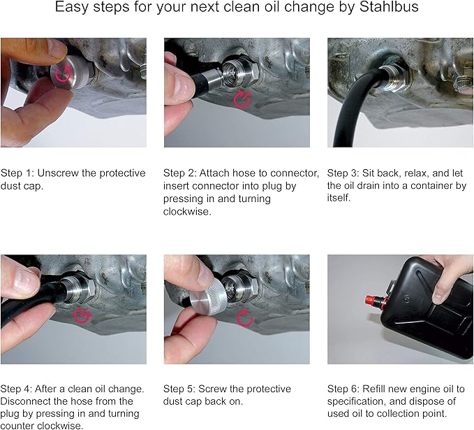 Stahlbus Oil Drain Valve Plug M16x1.5x12mm Steel - CLEAN, EASY, NO TOOL Oil Change - Include Oil Drain Plug, Washer, Cap, Connector, Silicone Hose