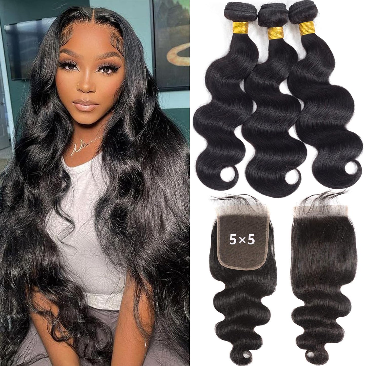 12A Body Wave 3 Bundles With 5 5 Hd Lace Closure (18 20 22+16'') 100% Unprocessed Brazilian Virgin Body Wave Human Hair Weave B