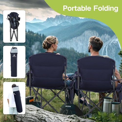 Green Party Folding Camping Chair - Oversized Heavy Duty with Cooler Bag & Cup Holder | Collapsible Padded Arm Chair