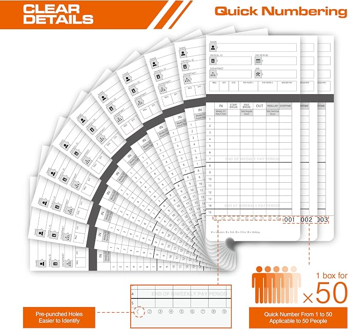 100 time Cards for HN4000, HN4500 time Clocks and More, Card Numbers 1-50