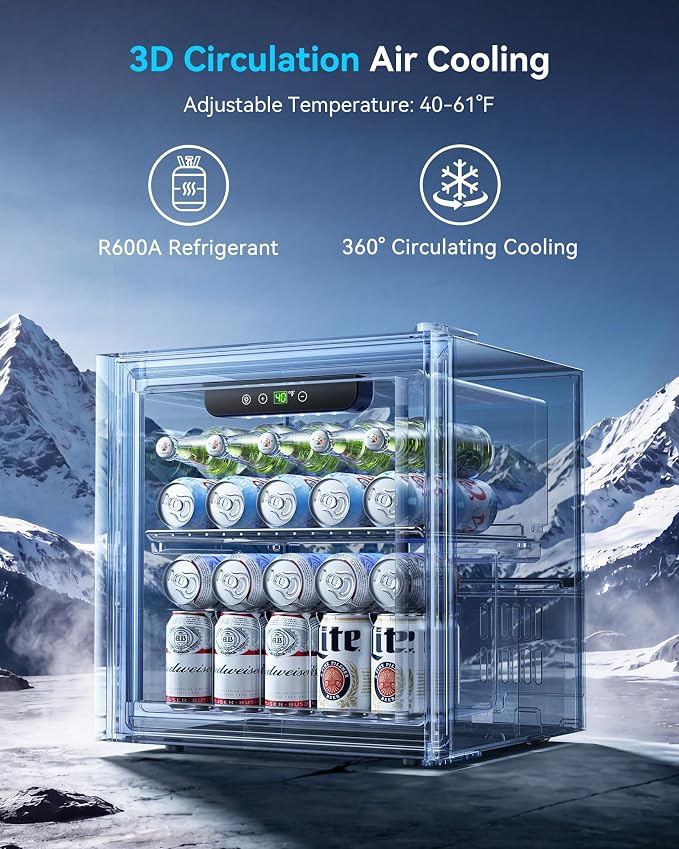 Feelfunn 50 Can Beverage Refrigerator, 1.3CuFt Mini Fridge with Glass Door | 40-61°F, ≤38dB, fast even cooling, removable shelf. For soda, beer, wine, 50 cans or 12 bottles in bedroom, office, dorm