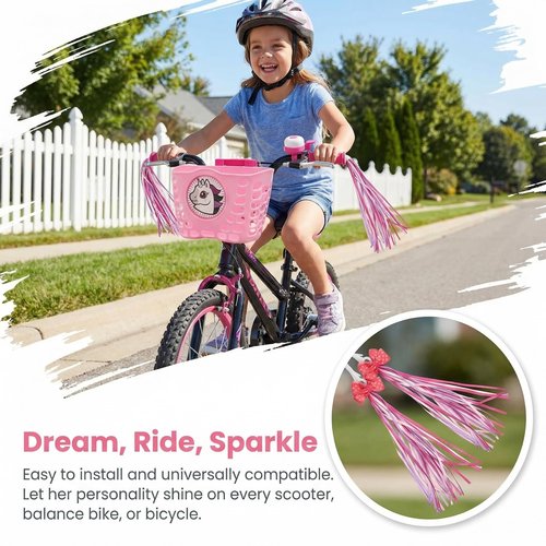 Kids Bike Basket Gift Set, Bike Basket Front Mount with Streamers & Bell, Universal Bike Accessories for Kids – Fits Most Scooters & Bicycles, Pink