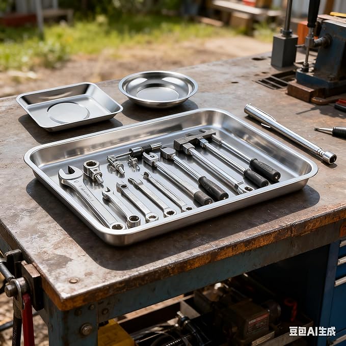 4PC Magnetic Tool Set: Magnetic Bowl + 2 Sizes Magnetic Trays + 25" Telescoping Pickup Tool – Durable Magnetic Parts Tray for Garage/Mechanics/DIY Repairs