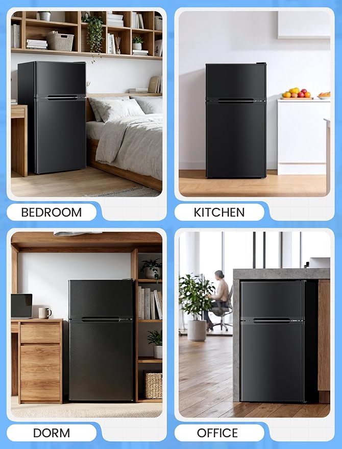 COWSAR 2.5 Cu.Ft Mini Compact Refrigerator with Freezer, Double Reversible Door with 2 Removable Shelves, Commercial Drink Fridge for Bedroom, Office, Kitchen, Dorm, Black