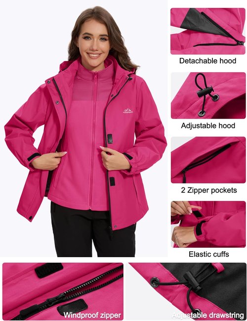 MAGCOMSEN Women's 3-in-1 Ski Jacket - Water-Resistant, Warm Fleece Lined, Windproof | Winter Hiking Coat