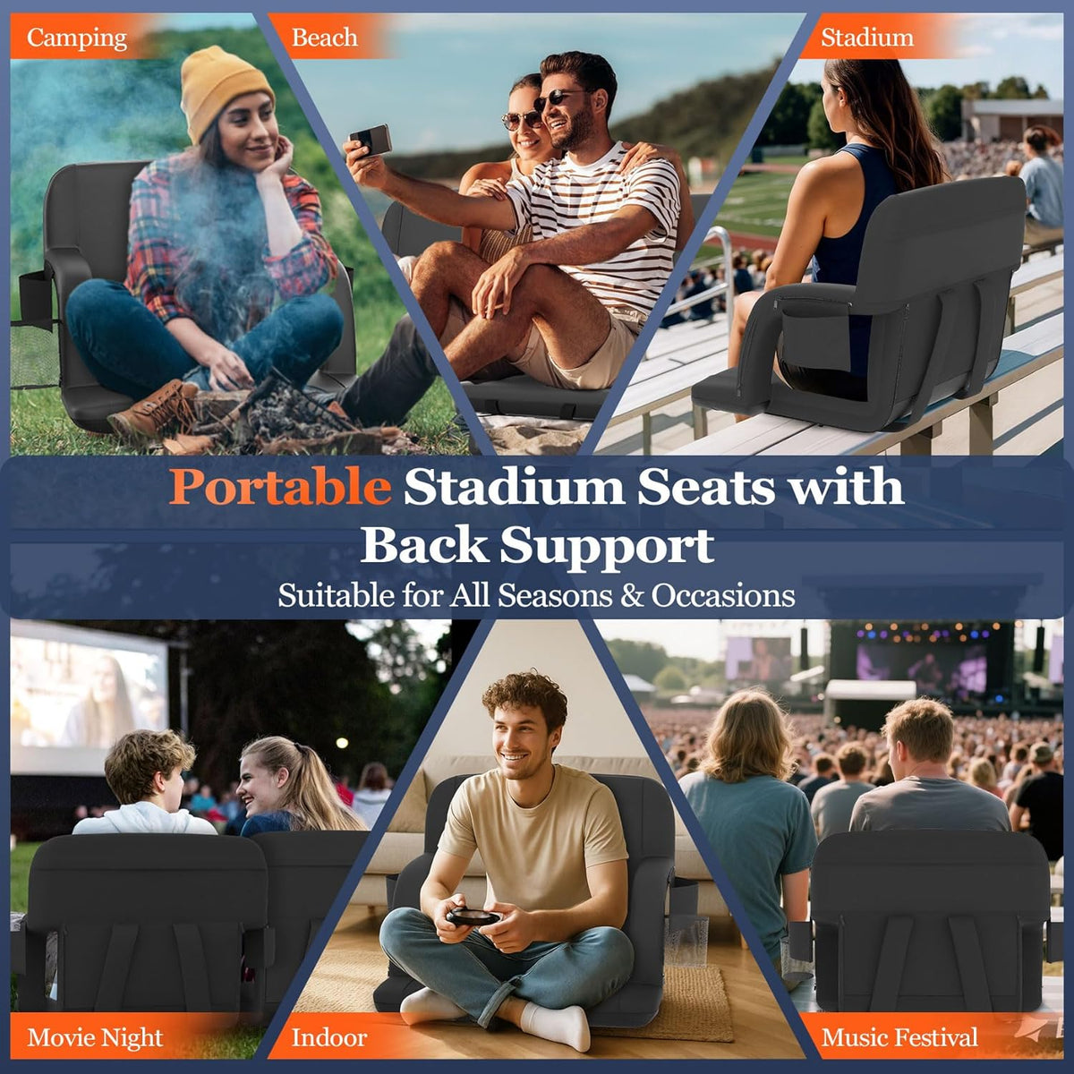 Seeutek Heated Stadium Seats - Comfortable Bleacher Chair with Back Support & USB Heating | 23-Inch, 5 Pockets