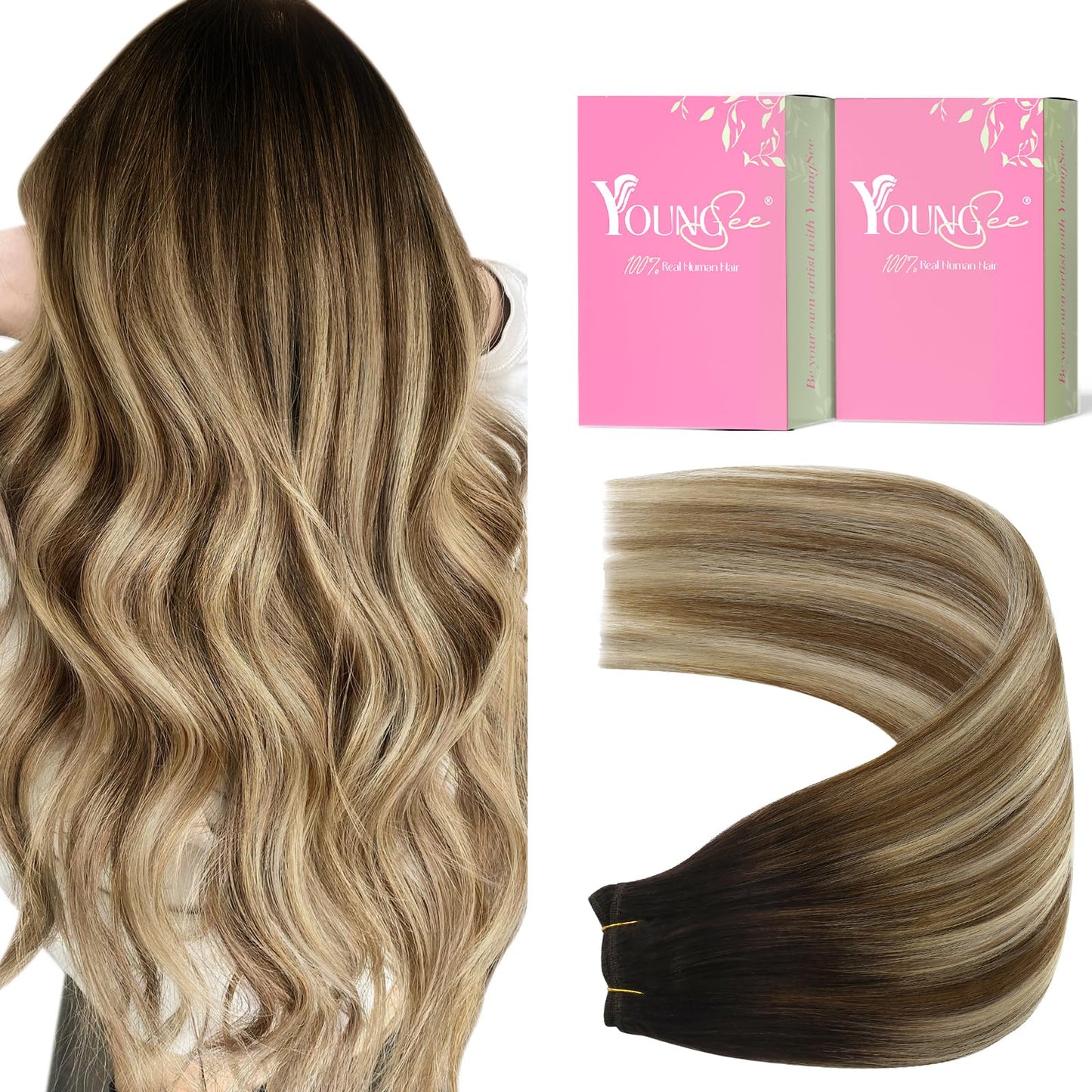 Youngsee Weft Hair Extensions Human Hair Balayage Human Hair Sew In Extensions Dark Brown Roots Blending Into Medium Brown With