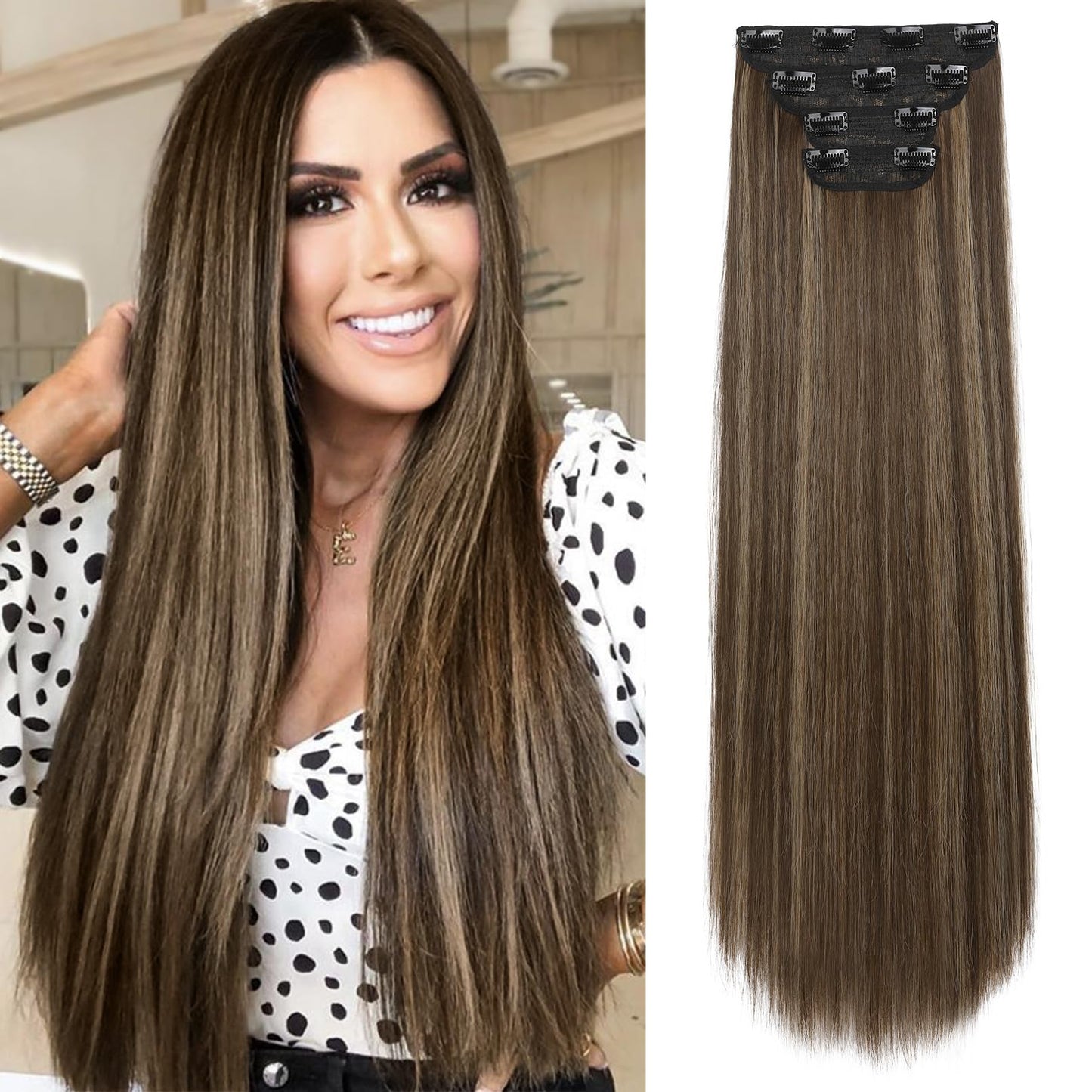 Reecho 20'' Straight Long 4 Pcs Set Thick Clip In On Hair Extensions Chocolate Brown With Highlights