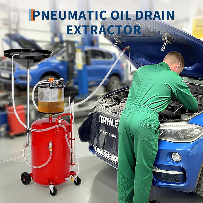 20 Gallon Waste Oil Drain Tank, Air Operated Portable Oil Drainer With Adjustable Funnel, Fluid Fuel Transfer Drainage With Wheels, Oil Change Container for Automotive Workshops