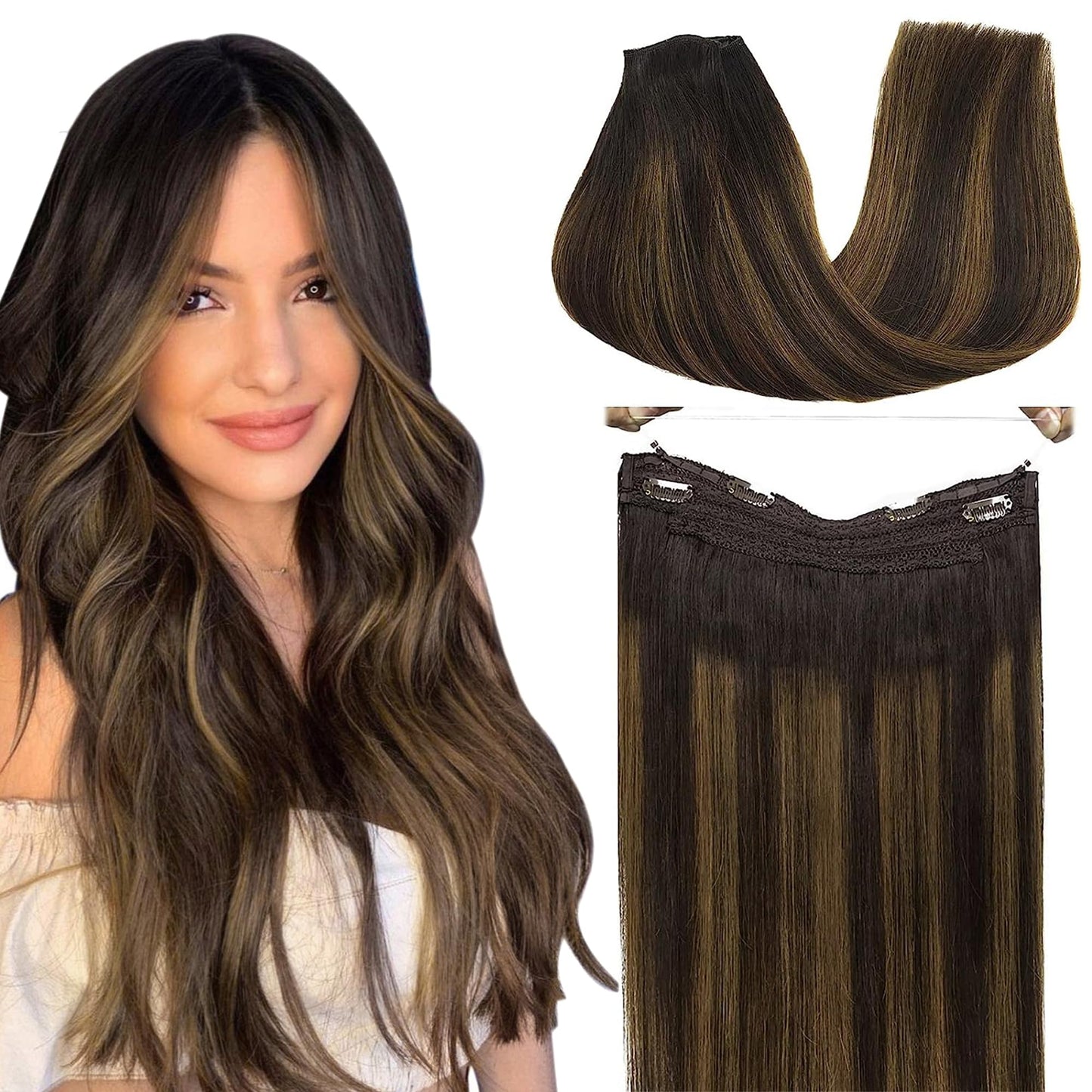 Goo Goo Wire Hair Extensions Human Hair, 2/6/2 Dark Brown With Chestnut Brown Balayage 12Inch 70G, Invisible Wire Hair Extension