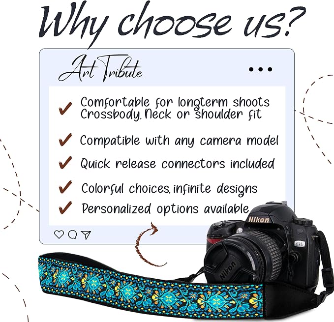 Art Tribute Camera Strap For Photographers Padded Universal Fit Neck Shoulder &