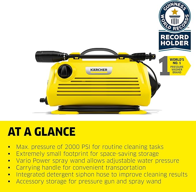 Kärcher Pressure Washer K 2 Horizontal, Vario Power Spray Wand - for Cars, Decks, Driveways, Siding, Patios, max. 2000 PSI 1.2 max. GPM