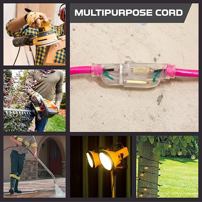 Iron Forge Cable Weatherproof 100 Ft Outdoor Extension Cord - 16/3 SJTW 10 Amp Heavy Duty Neon Pink Extension Cord 3 Prong - Lighted End