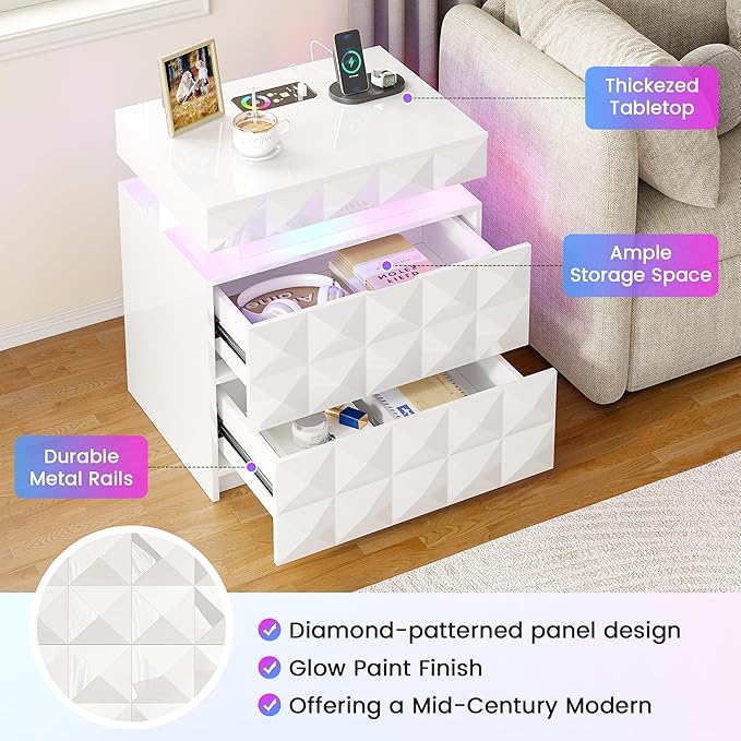LED Nightstand with Charging Station,3 Drawers Night Stand with Lockable Hidden Storage,Smart Bedside Table with Human Sensor RGB Lights for Bedroom,White
