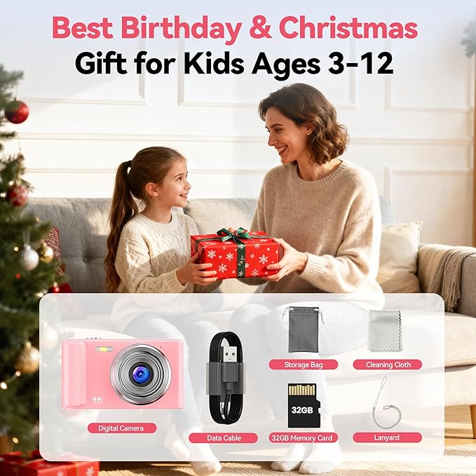 Digital Camera 4K for Kids: 48MP Pink Camera for Teens Photography
