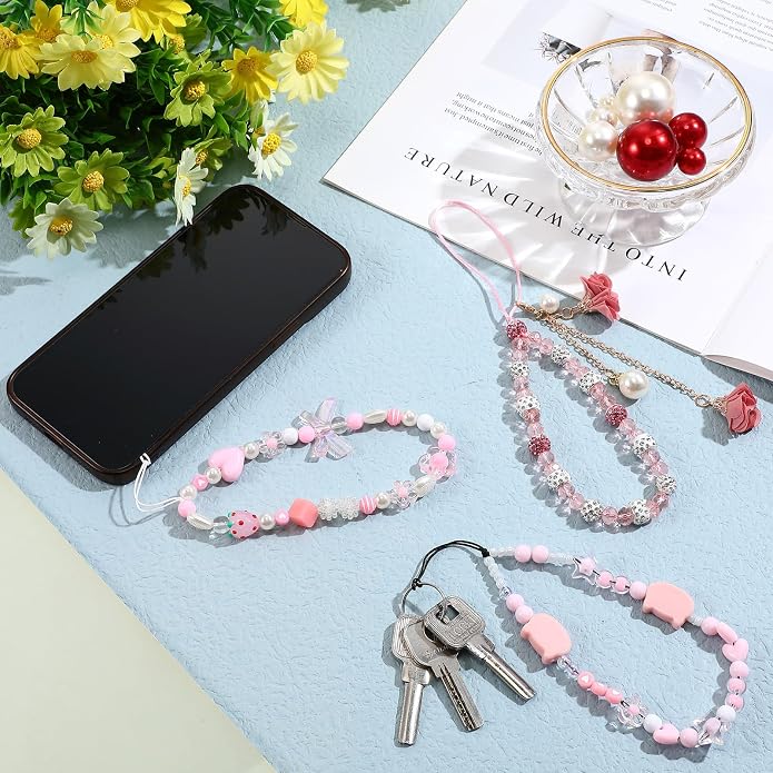 Ecally 3 Pcs Phone Charms Strap Camera Charm Strap Pearl Beaded Butterfly Bow