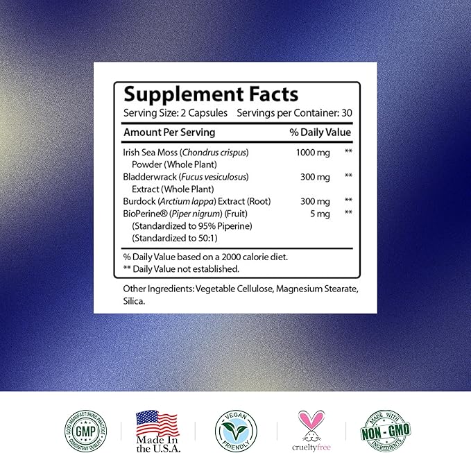 Research Verified Irish Sea Moss - Bladderwrack, Burdock, BioPerine - Rich in Prebiotics - Boost Immunity, Aid Digestion - 60 Capsules - Vegan - Made in The USA