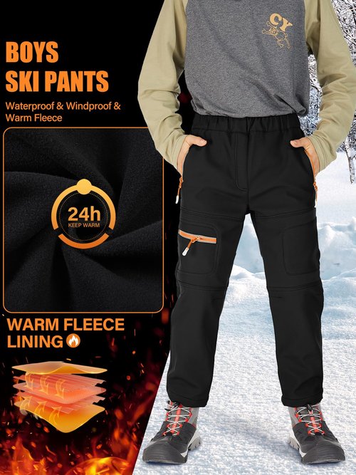 linlon Kids Boy's Snow Waterproof Pants Youth Fleece Lind Hiking Softshell Warm Insulated Ski Trousers,9056-Black-XXL(11-13Years)
