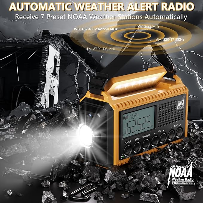 Emergency Radio12000mAh, Weather Radio 6 Ways Powered, Solar Hand Crank Radio