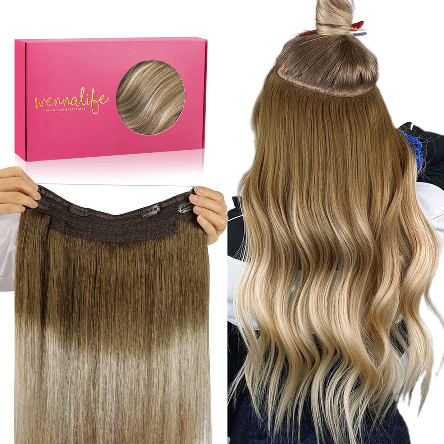 Wennalife Wire Hair Extensions (Increase 50% Lifespan) Real Human Hair 16 Inch 95G Ombre Walnut Brown To Ash Brown Bleach Blonde