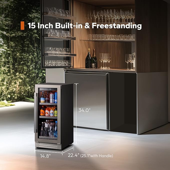 Ca'Lefort 15 Inch Beverage Refrigerator Cooler - 100 Can Mini Fridge with Glass Door for Soda Beer or Wine, 3 LED Compressor Fridge for Home Office Bar with 3 Adjustable Removable Shelves(3.0 cu.ft)