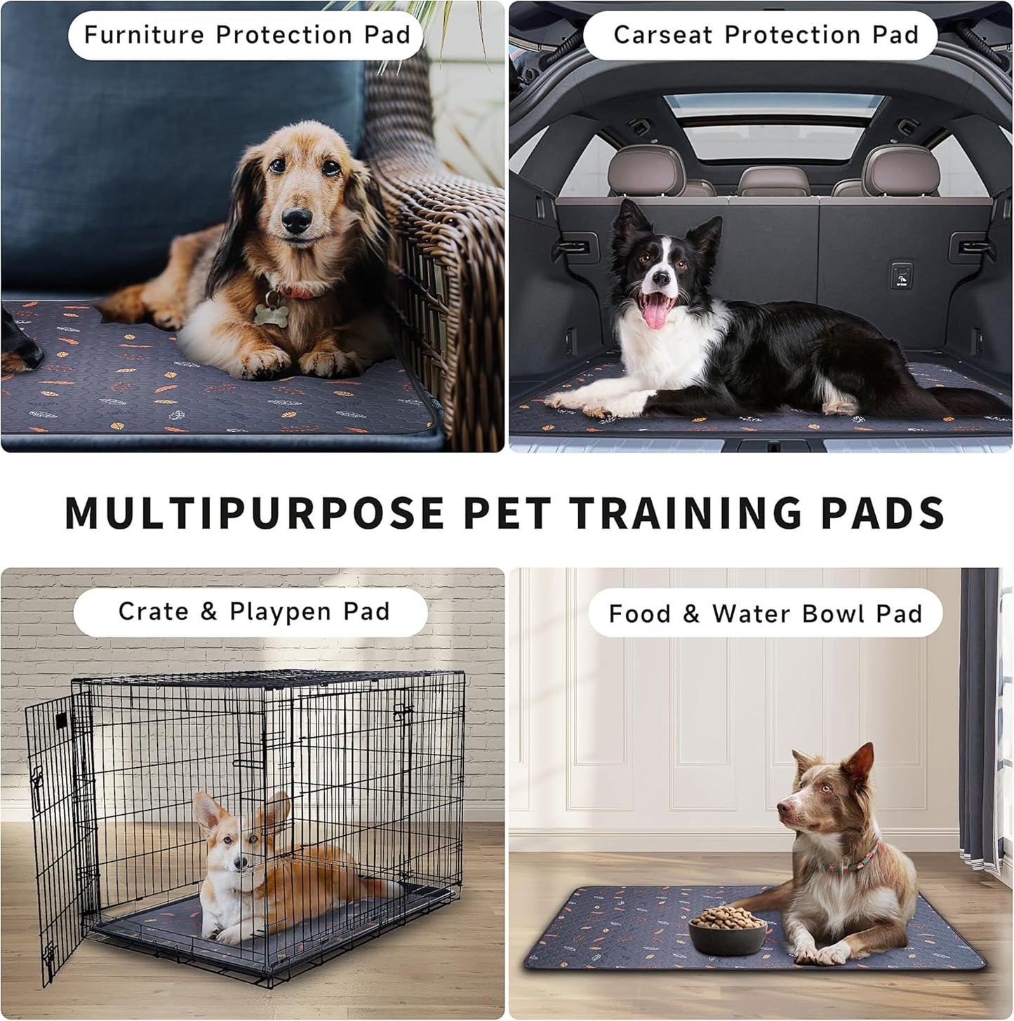 Sunheir Washable Pee Pads for Dogs Large 48" x 48" 2-Pack Reusable Puppy Pads Pet Training Pads, Absorb Dog Mats, Whelping Pad, Non-Slip Protects Against Urine Leakage (Leaves - Deep Grey, 48x48)