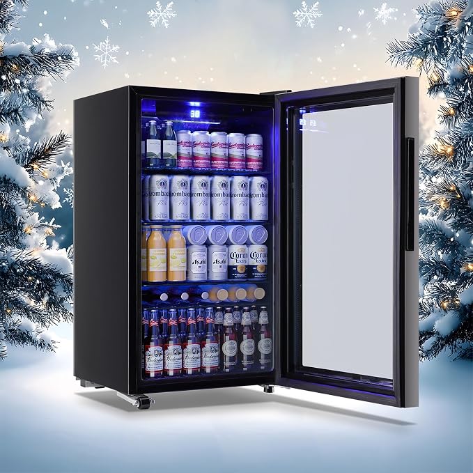 3.5 Cu.ft Beverage Refrigerator Cooler with 125 Can, Mini Fridge with LED Light for Soda Beer or Cans Beverage Temp Digital Display Adjustable Shelves Suit for Home, Office, Dorm