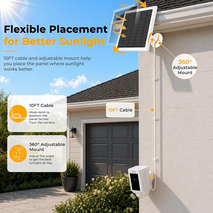 8W Solar Panel for Ring Camera, Solar Panel Charger Compatible
