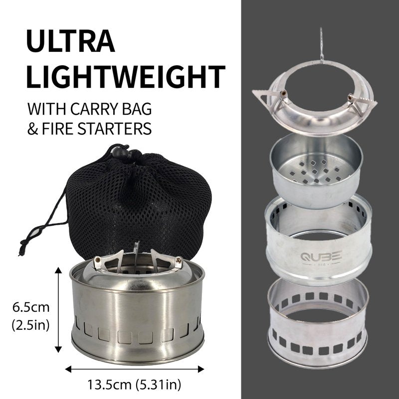 QUBE BBQ Portable Camping Stove with 3 Fire Starters – Stainless Steel Wood Burning Mini Camp Stove, Foldable with Carry Bag, for Backpacking, Hiking, Traveling, Emergency, Outdoor BBQ, and Picnic