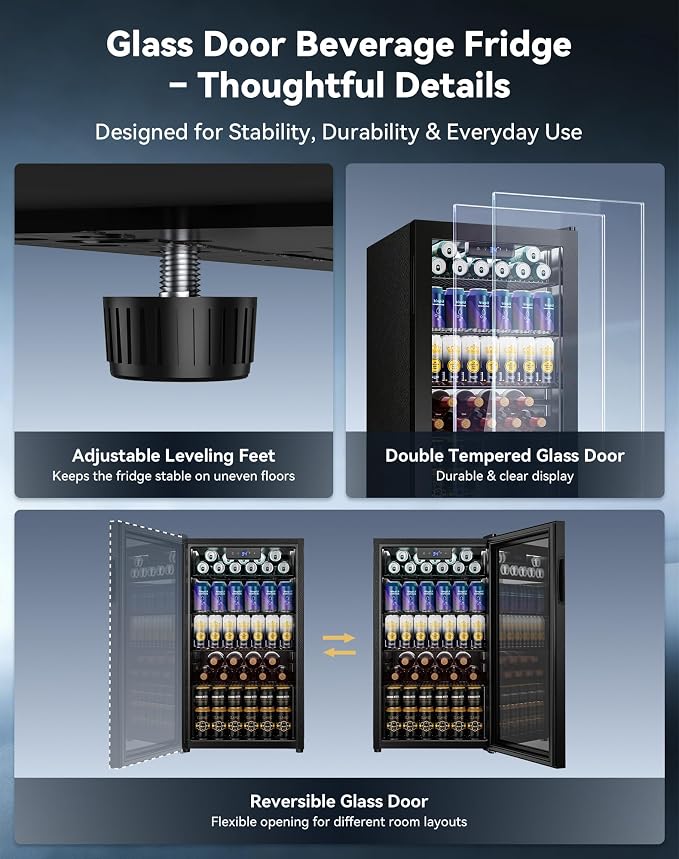 130 Can Beverage Refrigerator, Reversible Door, 3.2 Cu.Ft Drink Cooler | Glass Door, Adjustable Thermostat 34–64°F, Freestanding Beverage Fridge for Soda, Beer & Home Bar