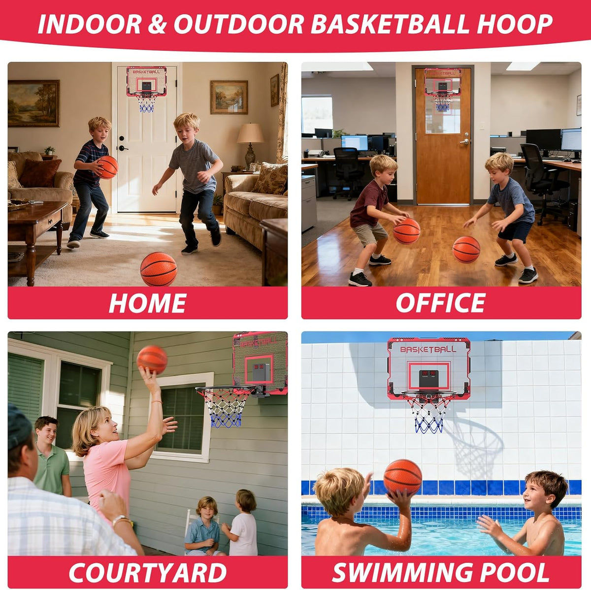 Skiennix Indoor Mini Basketball Hoop - Over The Door with LED Lights & Sound Effects | Includes 3 Balls, Perfect Sports Gift for Kids Ages 6-12