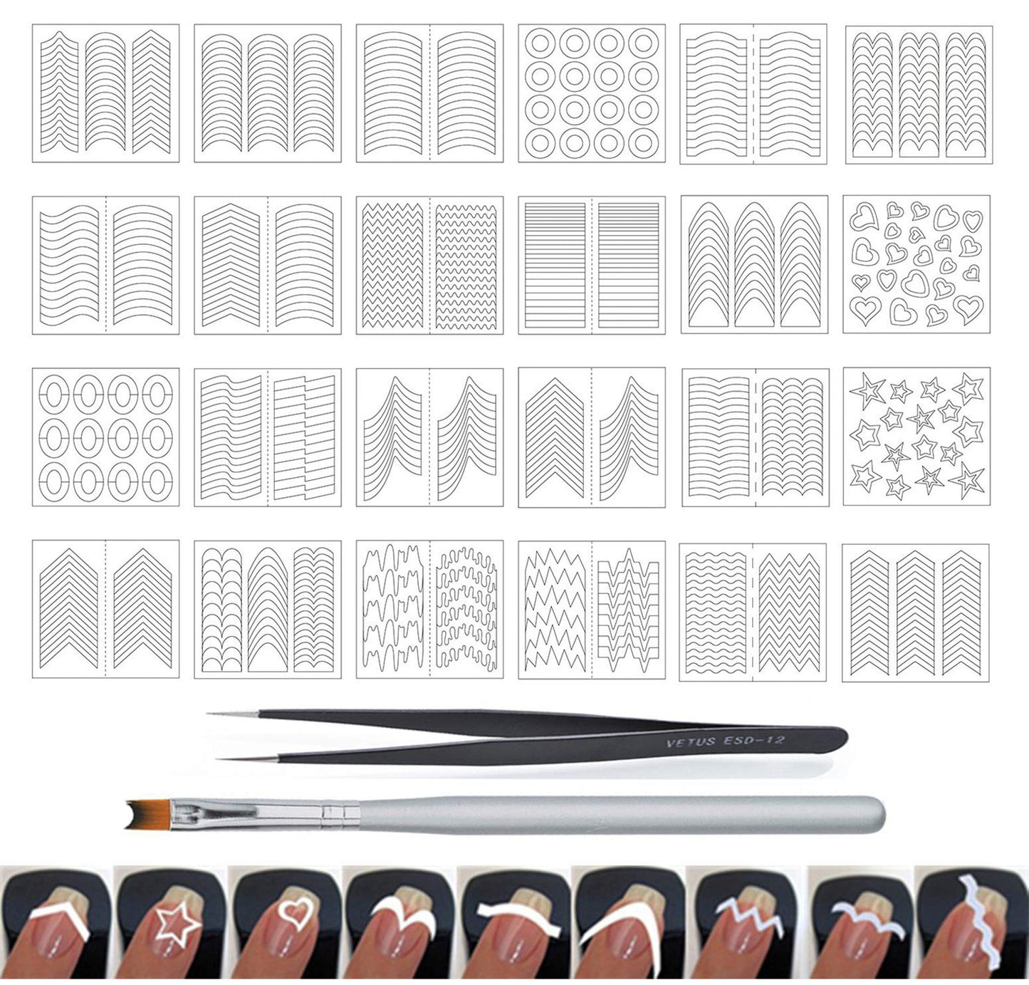 Wokoto 24 Sheets French Nail Stickers For Women Heart Shape Star Wave Smile Shapes Image French Tip Guides Stickers With 1 Pcs A