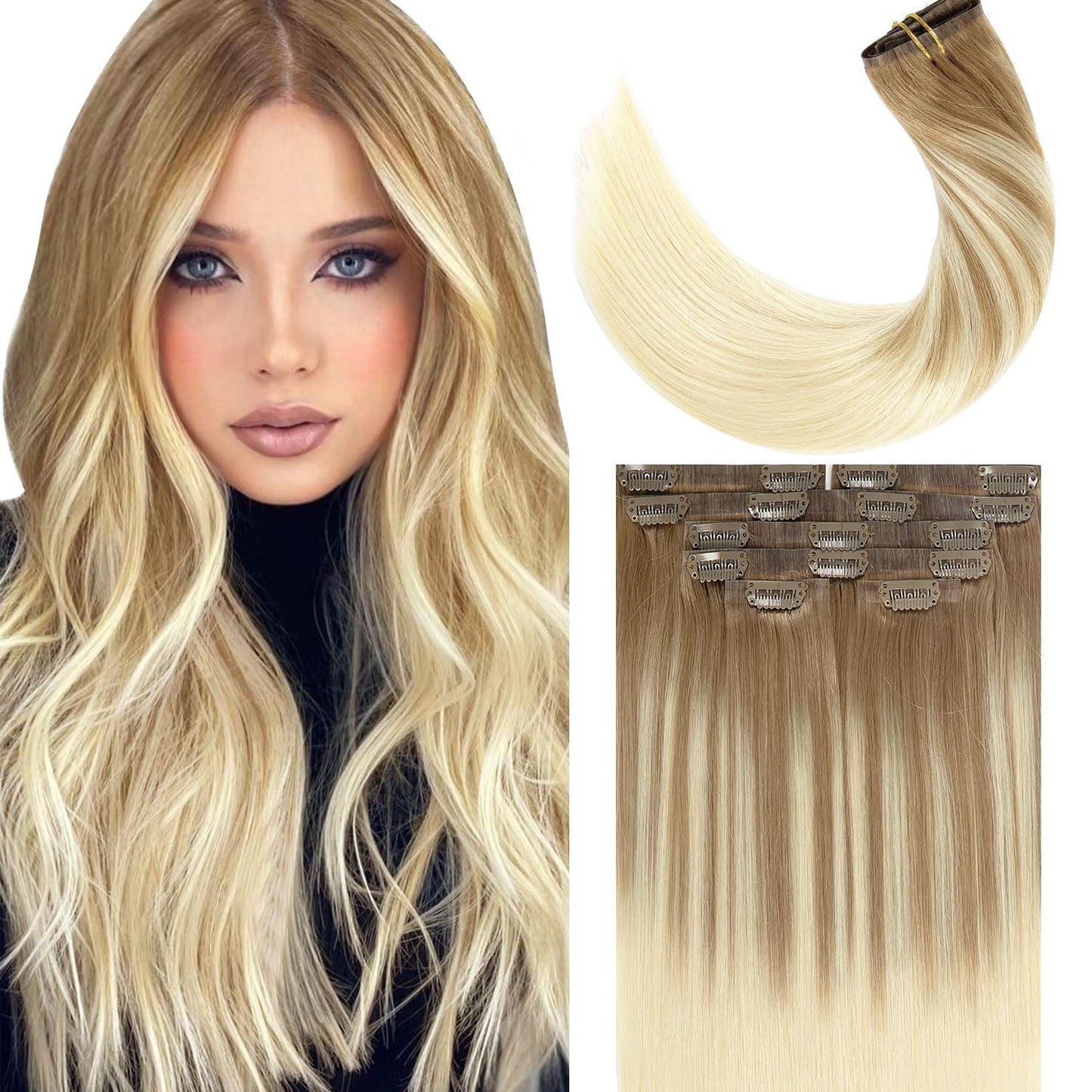 Lacer Hair Extensions Clip In Human Hair Ombre B#8/60 Light Brown Fading To Platinum Blonde Color Clip In Hair Extensions Human