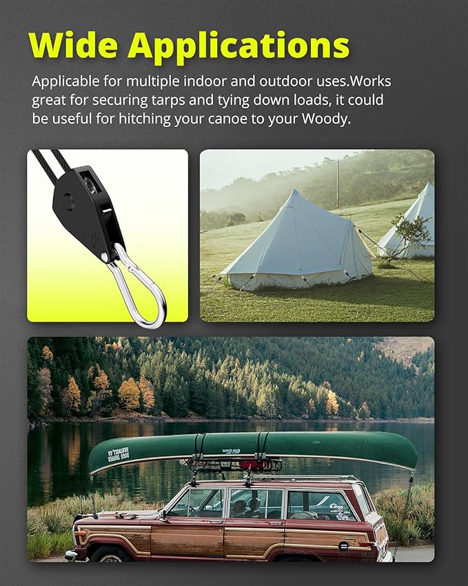 Longer 10ft 1/8" Ratchet Straps Hanger Rope Tie-Down Ratchet Outdoor Windproof Rope Roller Adjustable Hanger Grow Light Camping Tent Kayak Paracord 4-Pack