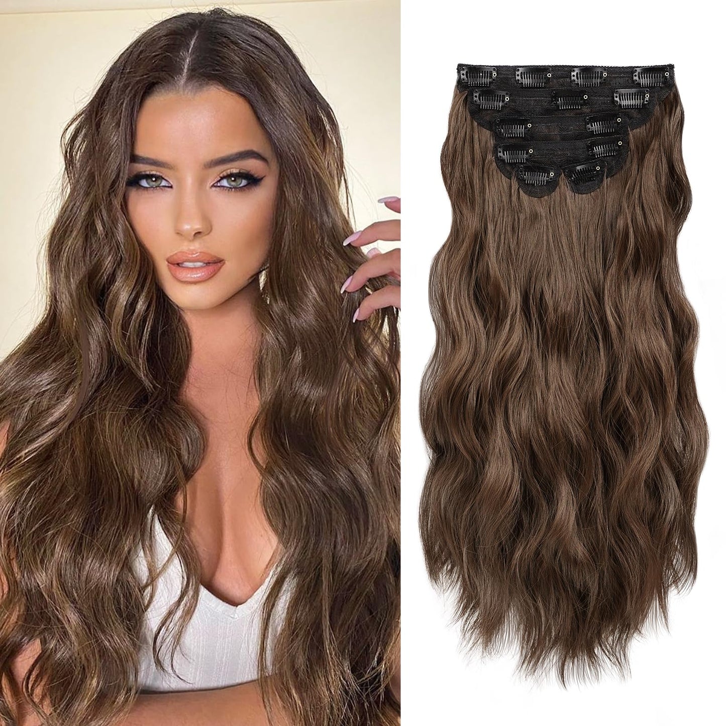 Wecan Clip In Hair Extensions 20 Inch 6Pcs Long Wavy Curly Brown Hair Extensions Synthetic Fiber Double Weft Soft Hairpieces For