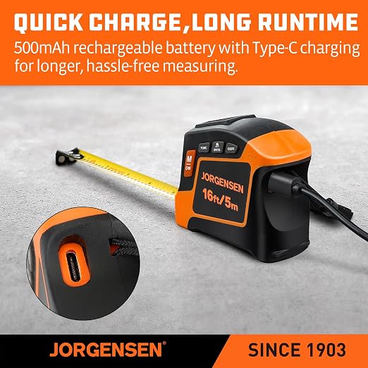 JORGENSEN Digital Tape Measure, 16Ft Rechargeable Digital Measuring Tape