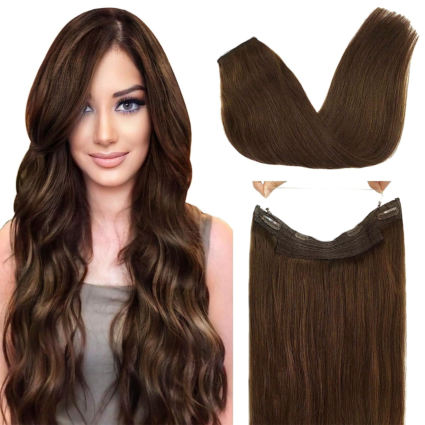 Goo Goo Wire Hair Extensions Human Hair, 4A Chocolate Brown Natural 20Inch 110G, Invisible Wire Hair Extensions With Transparent