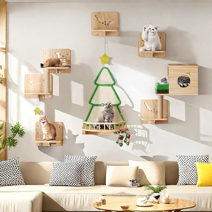 Cat Wall Shelves, Cat Wall Furniture Pine Wooden Feline Shelf, 13 Piece Shelves and Perches with Bowl, Warmer Mat, Condo, House, Steps and Cat Scratcher