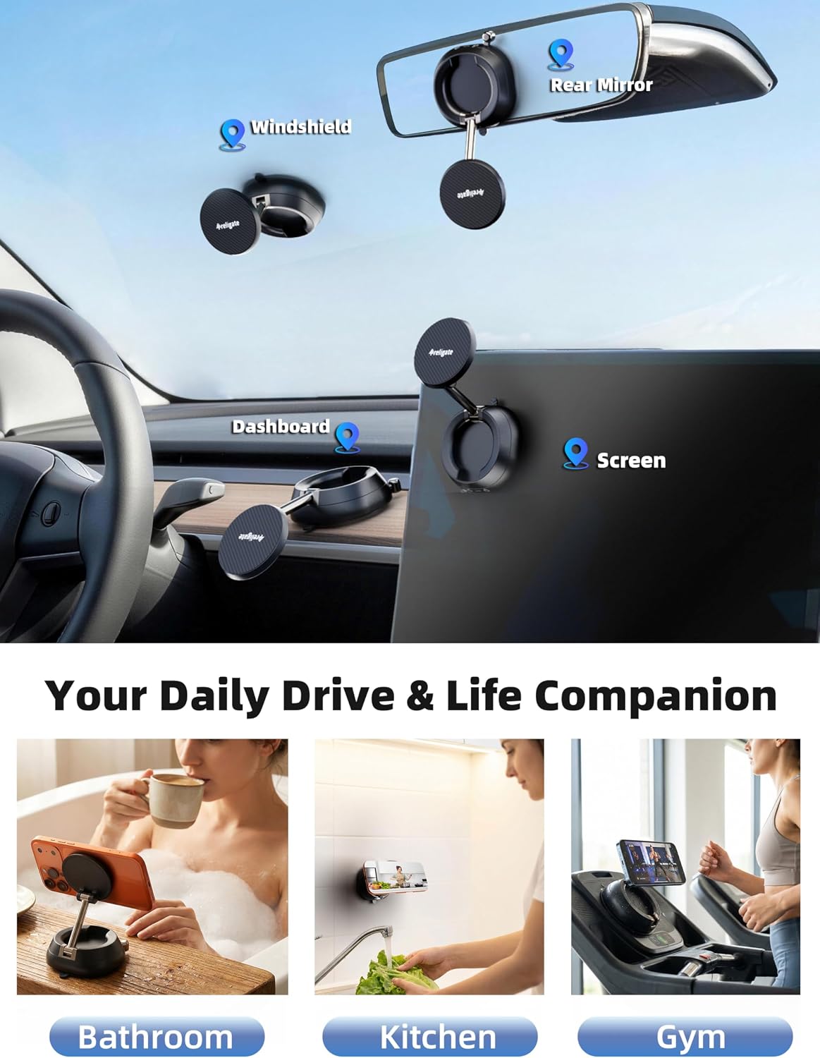 MagSafe Car Mount – Vacuum Suction Cup Phone Holder with Strong Magnet for Dashboard, Windshield, Desk & Gym, Magnetic Phone Mount for iPhone 17/16/15/14 Pro Max (Includes Metal Ring)