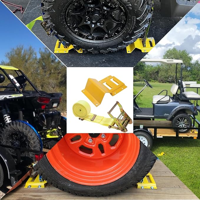 Wheel Chock Tie Down Kit 1500LBS for Trailer & Pickup Trucks - ATV, RZR, Lawn Mower, UTV Tie Down Straps -Heavy Duty Trailer Tire Straps System (4-Wheel Set)