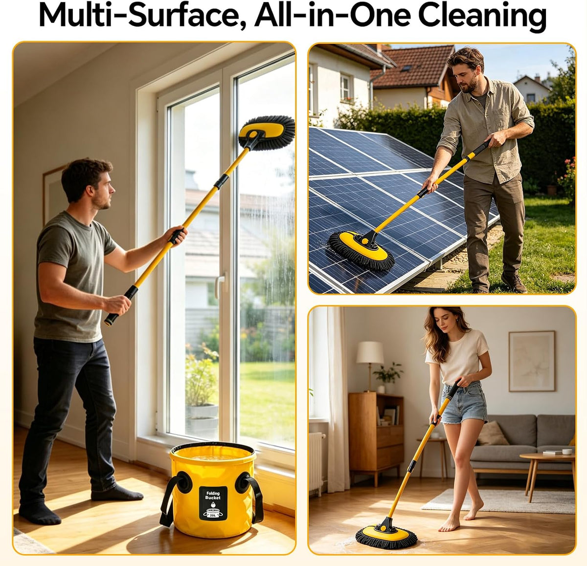 7-in-1 Car Wash Kit with 20L Folding Bucket & Brush – Car Wash Mop with Long Handle, 15° Curved Aluminum Pole for SUV Roof, Car Washing Brushes & Cleaning Supplies, RVs-Yellow.
