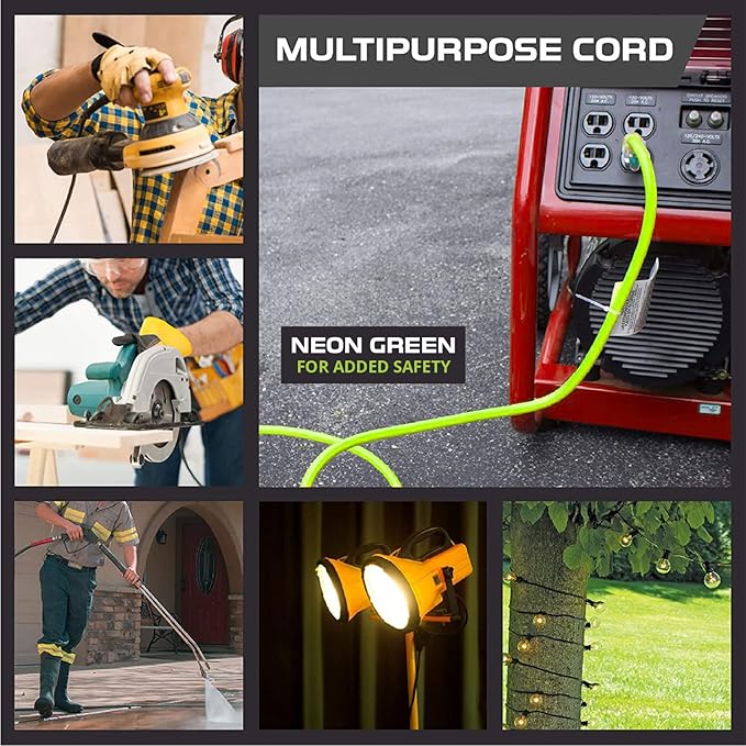 Iron Forge Cable 10 Gauge Extension Cord 50 ft, 10/3 Heavy Duty Extension Cord 50 Foot 3 Prong Lighted End, SJTW Light Green Outdoor Power Cable for Major Appliances, 15 AMP - US Veteran Owned