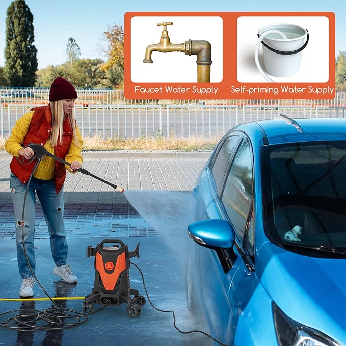 Goplus Electric Pressure Washer, 2400 PSI 1.7 GPM High Pressure Power Washer w/4 Quick Nozzles & Universal Wheels, Portable Pressure Washer IPX5 Car Wash Machine, Cleaning Garden Car Floor (Orange)