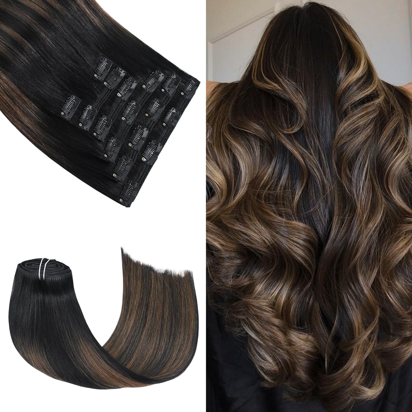 Honsoo 18In Clip In Hair Extensions Natural Black To Chestnut Brown Real Human Thick 120G 7Pcs Hair Extensions Sliky Straight Hu