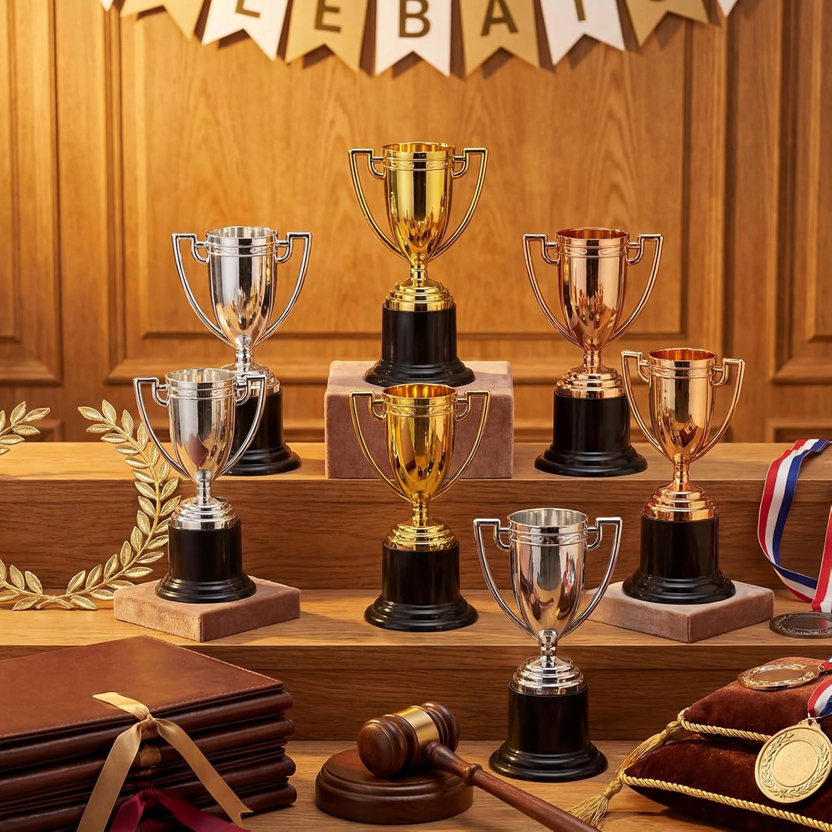 Skiennix Mini Trophy Cups Set - 60 Pcs 4-Inch Gold, Silver & Bronze Awards for Parties & Competitions