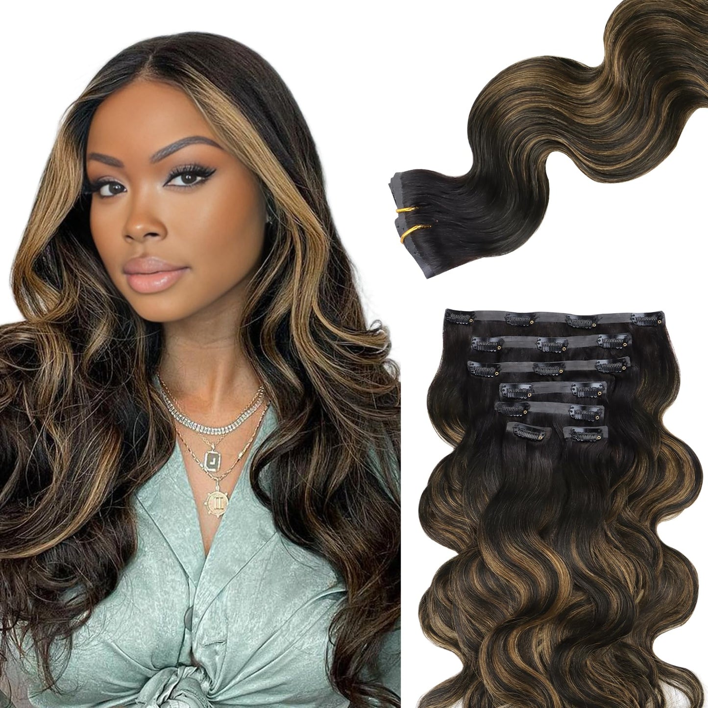 Lashey Hair Extensions Real Human Hair Body Wave 110G 7Pcs 22 Inch Seamless Clip In Hair Extensions Human Hair Natural Black Mix