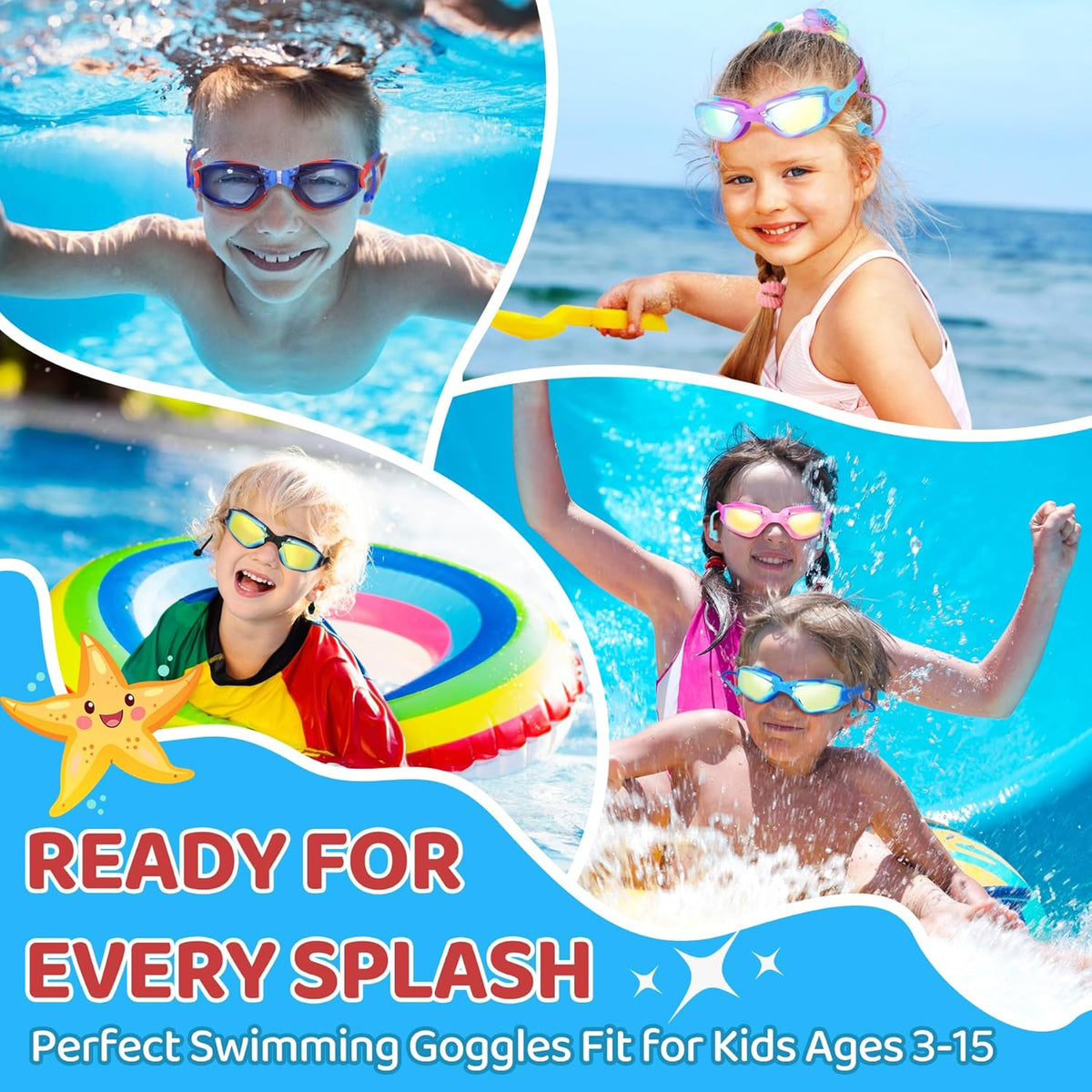 Vvinca Swim Goggles - Anti-Fog & UV Protection | No Leak Design for Kids Ages 3-15 (2 Pack)