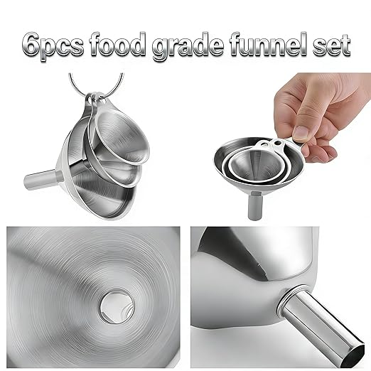 6pcs Kitchen Funnels for Filling Bottles, Small/Medium/Large Food Grade Stainless Steel Metal Kitchen Funnels Set for Essential Oil Spices Liquid, 3 Stainless Steel and 3 Silicone Folding